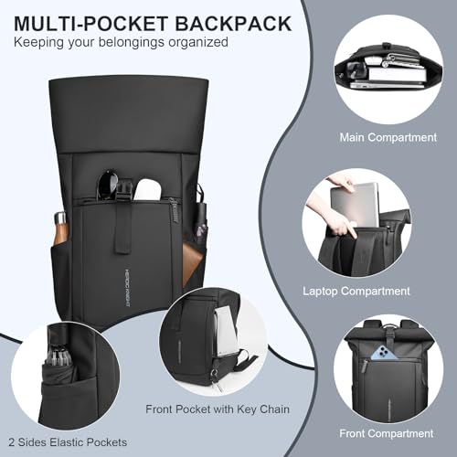 Rolltop Laptop Backpack, Water-Resistant Bussiness Travel Backpack for Men Women, Expandable 20-27L Casual Daypack for 15.6 inch Computer, Work Bag for Commute/College/Hiking,Black