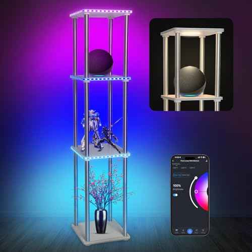 LED Floor Lamp with Shelves, Adjustable Height lamp with Shelves, Standing Lamp with APP Control,USB Port and Music Sync, Shelf Lamp for Living Room, Bedroom, 4 Tier White