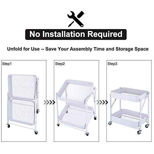 Melody House 2-Tier Metal Folding Rolling Cart, Mobile Utility Cart Trolley Storage Organizer for Office Home Kitchen Organization, Sofa Side End Table with Wheels, White