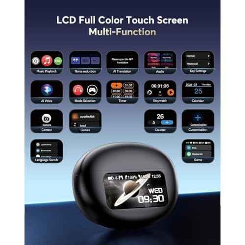 AI Translation Earbuds Real Time, Multifunctional Touch Screen Translator for 144 Languages & Accents Audifonos Traductores Ingl?s Espa?ol Noise Canceling Headphones for1Travel Business Learning Black