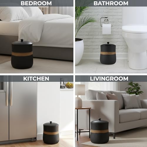 Escenzy Black Bathroom Trash Can with Lid 5L | 7" x 10" | Decorative Small Garbage Can | Modern Ceramic Waste Basket for Bathroom, Bedroom, Kitchen, Hotels or Living Room Decor | Luxe Restroom Decor