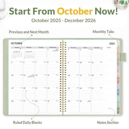 SUNEE 2026 Weekly & Monthly Planner 9"x11.2"- 12 Month (January 2026 - December 2026), Vegan Leather Cover, Pocket, Bookmark, Notes, Monthly Tab, Sage Green