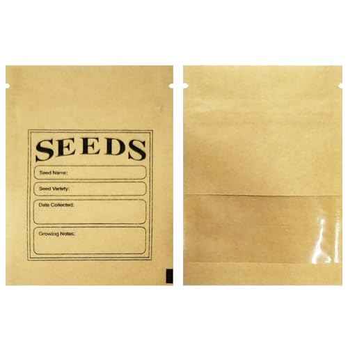 PABCK 100 Pack Small Resealable Seed Envelopes with Clear Window 2.7x3.7inch Brown Kraft Paper Packet with Preprinted Seed Collecting Template for Seed Flower Vegetable Plants Garden Storage Packaging