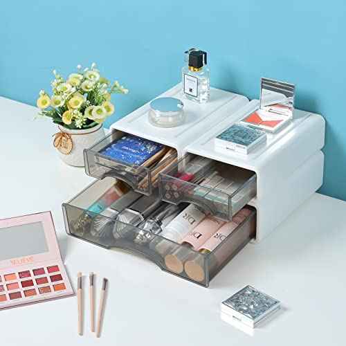White Desktop Drawers for Paper, Stackable Office Storage Drawers for Desk, Craft Organizer and Storage Bins, 3 Mixed Storage Container with Plastic Drawers for Office Supplies