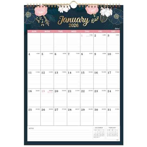 2026 Calendar - 2026 Wall Calendar, Jan 2026 - Dec 2026, 12" x 17¡±, Twin-wire Binding, Hanging Hook, Holidays, Julian Dates