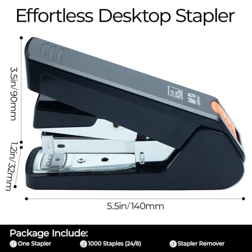 M&G Effortless Stapler 50 Sheet Capacity One-Touch Stapling, Heavy Duty Desktop Stapler Includes 1000 Staples and Remover, Portable Handheld Staplers for Home & Office (Black)