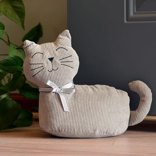 Kitty Cat Door Stops, Set of 2, Bow Collars, Grey and Brown Corduroy Fabric, Weighted, 11.75 Inches