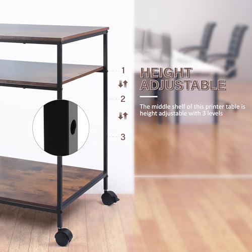 Sutex Large Printer Stand, 23.6" W x 18.9" D x 31.5" H Large Printer Table with Adjustable Storage Shelf, 3 Tier Rolling Printer Cart with Wheels for Home Office- Support 100 LBS Each Tier