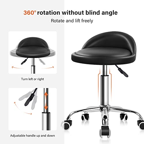 KKTONER Black PU Leather Adjustable Swivel Rolling Stool with Back Rest