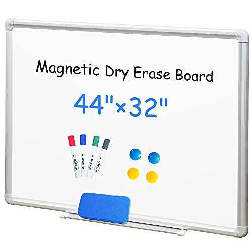 DEVELOP Magnetic White Board Dry Erase, 32 x 44 Inch, Dry Erase Board Aluminum Frame for Wall, Hanging Whiteboard with Detachable Marker Tray for Planning, Kitchen, Memo, School, Home, Office