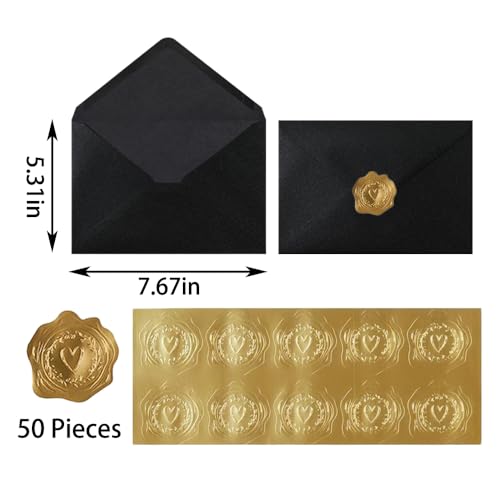 UoeRing Black 5x7 Envelopes 50Pcs Pearl Paper with Gold Stickers - A7 Size