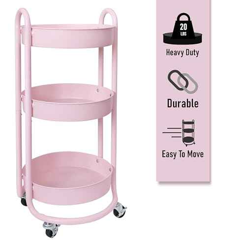 HOMESTEAD Round Rolling Side Table Cart, 3 Tier Metal Utility, 60 lb Heavy Duty, 15¡È Diameter, Lockable 360¡Æ Casters (Pink)