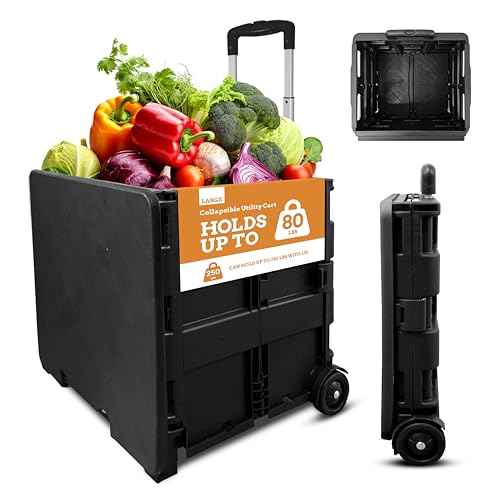 Inspired Living Collapsible Ultra-Slim Pack-N-Roll,2 Wheel Utility Cart w/Lid used as Seat up to 250 Lbs, Telescopic Handle - Super Strong, for Home, Garden, Shopping, Office, School use, Large, Black