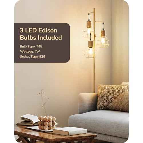 EDISHINE Dimmable Farmhouse Floor Lamp for Living Room, Industrial Standing Lamp with 3 LED Edison Bulbs, Corner Rustic Rattan Tall Tree Reading Lamps Home Decor for Bedroom, Office, Gold