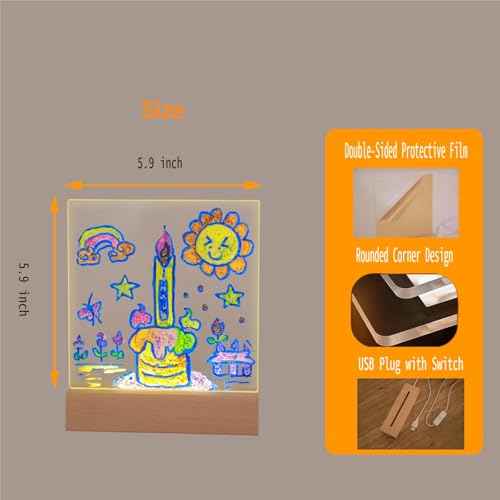 5.9 x 5.9 Inch Warm LED Message Memo Note Board with Colors, Clear Acrylic Desktop Light Up Dry Erase Drawing Writing Board with Stand