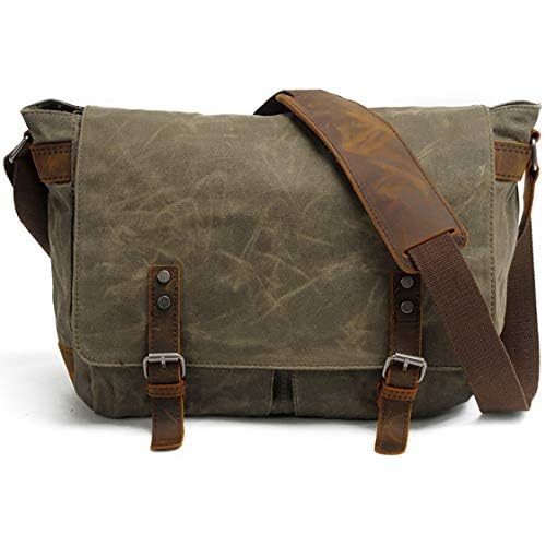 HuaChen Mens Messenger Bag, Vintage Genuine Leather Waxed Canvas Shoulder Bag for 14" Laptop,Rugged Briefcase Satchel