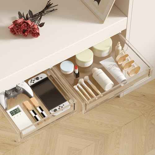 Clear Under Desk Drawer, 3 Pack Strong Adhesive Hidden Under Desk Storage - Large & Small Under Table Drawer Slide Out, Durable PET Under Desks Storage Drawers for Office Home