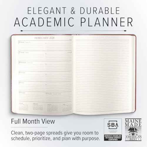 Gallery Leather Academic Planner 2025-2026, Teacher and Student Weekly Monthly Planner, Elegantly Bound Calendar with Gold-Gilded Page Edges, 18 Months - Acadia Black - 9x7"