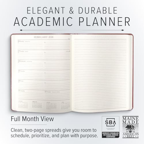 Gallery Leather Academic Planner 2025-2026, Teacher and Student Weekly Monthly Planner, Elegantly Bound Calendar with Gold-Gilded Page Edges, 18 Months - Acadia Green - 9x7"