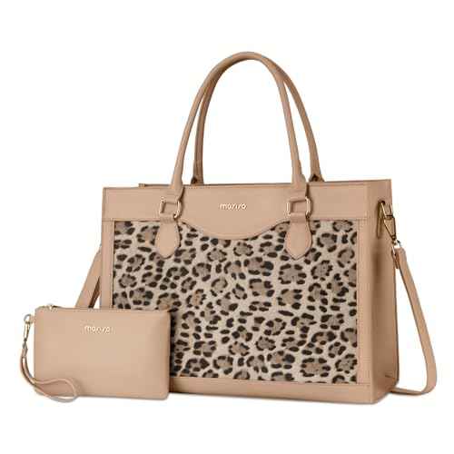 MOSISO Laptop Tote Bag with Large Capacity, 15.6 inch PU Leather Leopard Grain Laptop Bag for Women & Clutch Purse, Waterproof Computer Bags Work Briefcase for Business Teacher Office College, Apricot