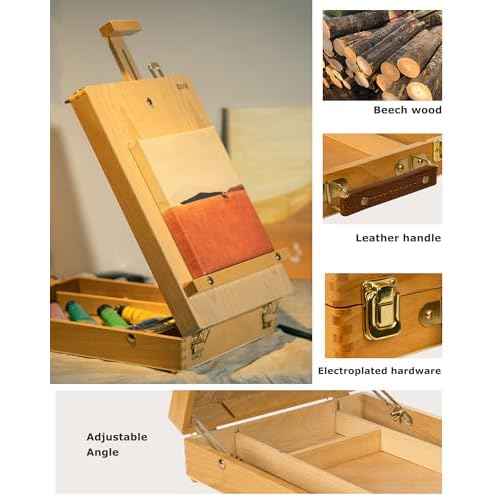 DJAR Tabletop Easel for Painting, Solid Beech Wood Adjustable Sketchbox Desktop Art Easel, Art Supplies Storage Box for Adults, Artists and Students, Natural