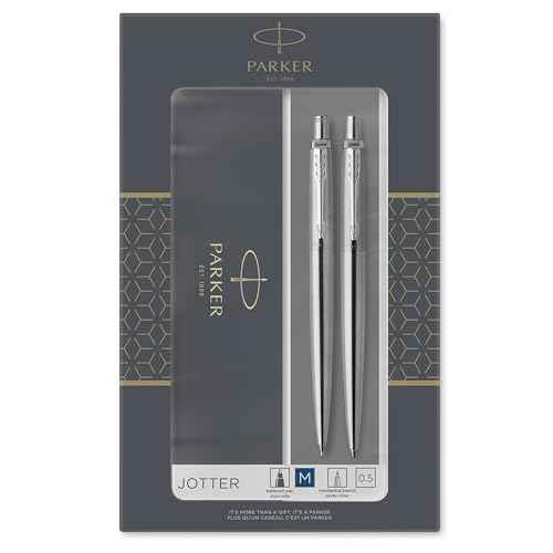 Parker Jotter Duo Gift Set, Ballpoint Pen & Mechanical Pencil (0.5mm), Stainless Steel with Chrome Trim, Quality Blue Ink Refill, Perfect for Professional and Academic Use