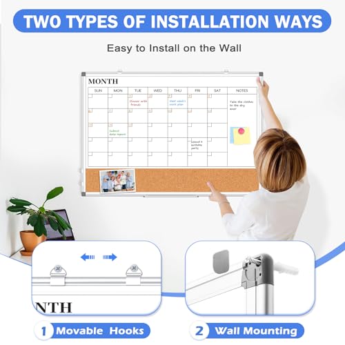 WALGLASS 24x18 Inch Dry Erase Calendar Whiteboard with Cork Strip, Wall Mountable, 3-in-1 Magnetic White & Cork Board, Includes Markers & Accessories