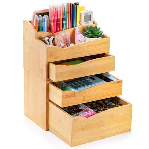 Yopay 2 Pack Bamboo Desk Organizer, Stackable Desktop Organizers with 3 Drawers, Bamboo Office Tabletop, Countertop Organization for Stationery, Makeup Vanity, Fully Assembled