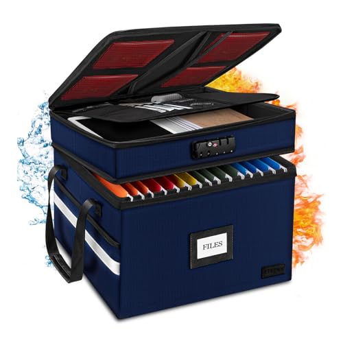 ETRONIK Fireproof Document Box with Lock, 2-Layer File Box Storage Organizer with 5 Tabs& Insert, Portable File Cabinet Storage Box with Handle for Hanging Letter,Legal Size Folder,Certificate, Blue
