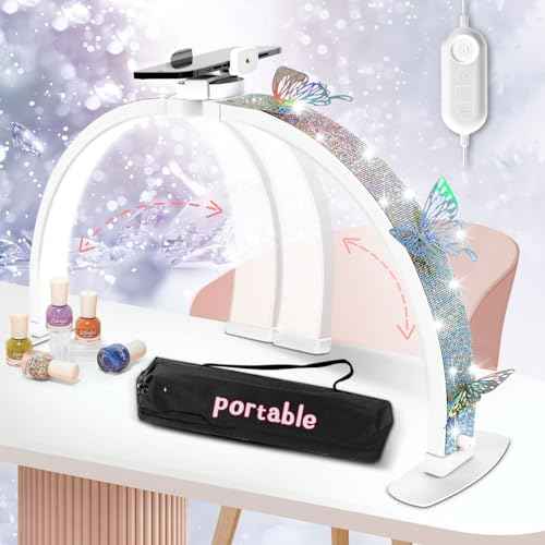 Half Moon Light for Nail Desk, Foldable 29" Nail Light for Desk, 180¡Æ Ultra-Bright Nail Tech Desk Lamp, Portable Half Moon Lamp with Phone Holder & Organizer Bag - Iridescent Diamond