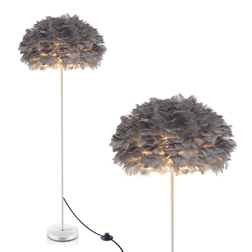 Modern Grey Feather Floor Lamp,Tall Standing Lamp for Living Room,Bedroom,Office Decor with Goose Feather Shade,Stable Metal Base, Eye-Friendly Soft Light,Foot Switch,59 Inch Height