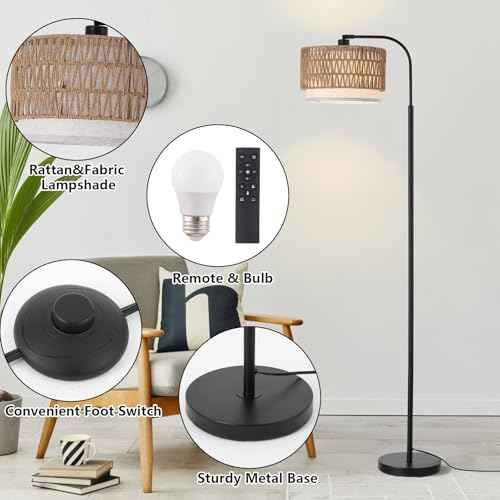 Arc Floor Lamp for Living Room£¬Boho Standing Lamp with Rattan & Fabric Shades,Farmhouse Floor Lamps with Foot Switch£¬Adjustable Tall Lamp for Bedroom, Office,LED Bulb Included