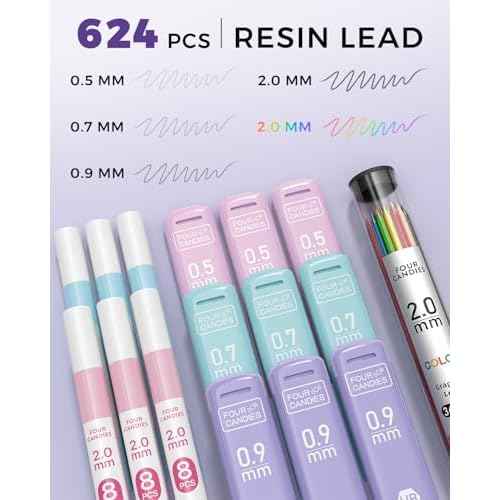 Four Candies 36PCS Aesthetic School Supplies, Mechanical Pencils 0.5mm, 0.7mm, 0.9mm & 2.0mm with 624PCS Lead Refills, Cute Mechanical Pencils for Writing, Drawing & Drafting (Pink)