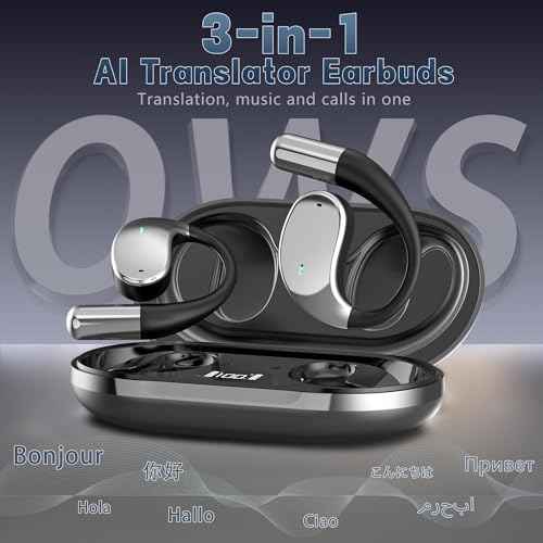 AI Translation Earbuds Real Time 144 Languages, OWS 3-in-1 Translator Earbuds, Auriculares Traductores de Idiomas HD Sound, Translating Earbud for Travel Business, iOS & Android Compatible (Black)