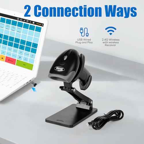 QR Code Scanner with Foldable Stand, 1D 2D Barcode Scanner 2.4G Wireless & USB Wired Connection, Handheld CMOS Image Bar Code Reader for Warehouse Library Supermarket