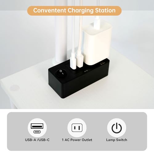 Floor Lamp with Table, Narrow Side Table with USB-A/USB-C Charging Station and AC Port, 3 Color Temperatures 12W LED Bulb, End Table for Bedroom, Living Room and Home Office, White