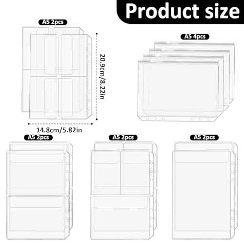 Premium Clear Binder Zipper Folders - 12PCS A5 Size 6 Holes Binder Inserts, Document Filing Bags for 6-Ring Notebook Loose Leaf Bags