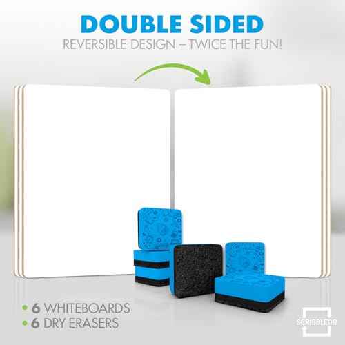 Scribbledo 6 Pack Small White Board Dry Erase Boards Classroom Pack Mini White Boards 9" x12¡± Personal Whiteboards for Students Teachers School Supplies Lapboards l 6 Mini Whiteboard Erasers Included