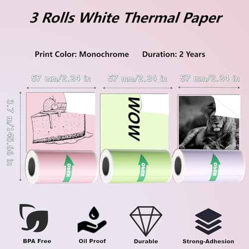 53mm x 3.5m Pink/Green/Purple Adhesive Thermal Sticker Paper 3 Rolls, Mini Thermal Printer Paper, Compatible With Dolewa LX-D2, for Notes, List, Stickers, Printing Black & White Photos