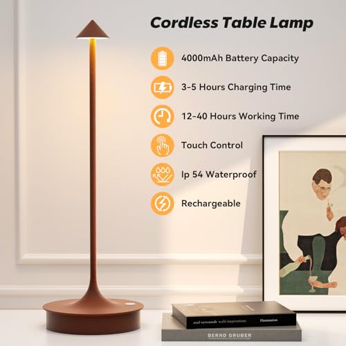 Set of 2 Small Cordless Table Lamp Rechargeable, Battery Operated Desk Lamp, 4000mAh LED Touch Lamp, Dimmable Portable Outdoor Waterproof Wireless Table Light for Restaurants/Bars/Outdoor(Brown)