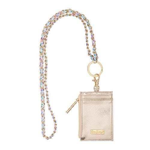 Lilly Pulitzer Lanyard with ID Holder, Keychain Wallet for School or Office, Gold Zipper Wallet, Badge Holder with Clear Window and Card Slots, Soleil It On Me
