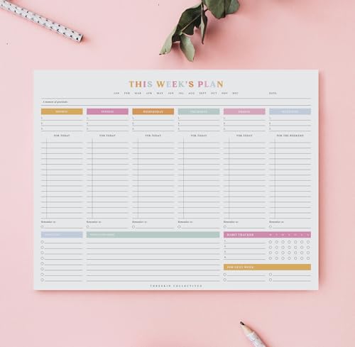 ThreeKin 8.5 x 11 Colorful Weekly Planner Tear-Off Notepad - Premium 52 Sheets, Undated, For Work, School & Projects, USA Owned