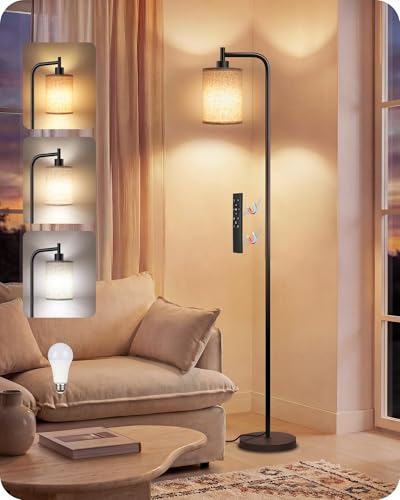GOEBLESON Dimmable Floor Lamp for Living Room with Remote & 10W Bulb - Black + Beige