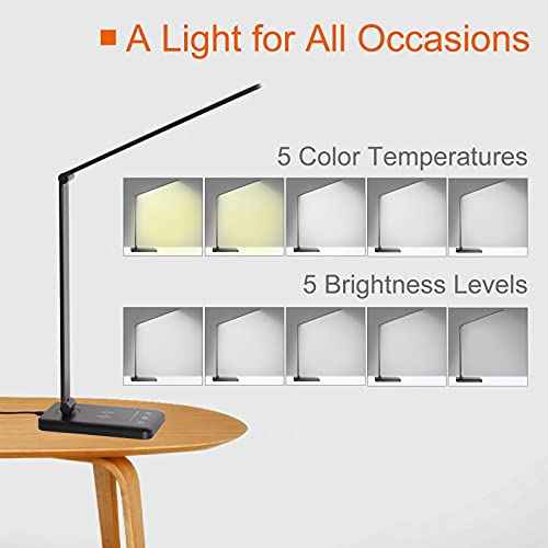 LED Desk Lamp with Wireless Charger,Eye-Caring Table Lamps,Stepless Dimmable Office Lamp with USB Charging Port,Touch/Memory/Timer Function,25 Brightness Lighting,Foldable Lamp
