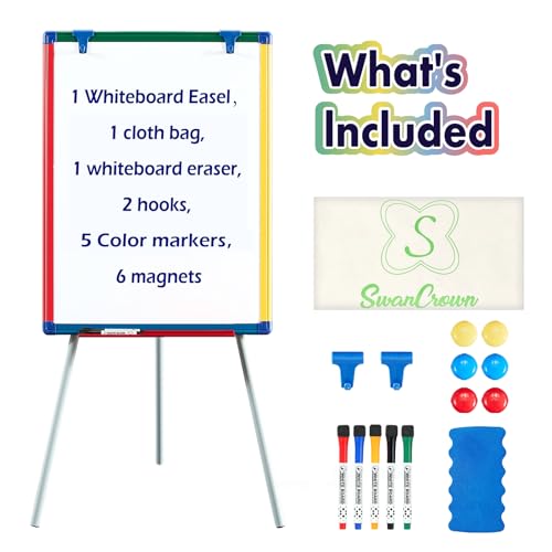 Multicolor Kids Standing Whiteboard with Adjustable Height 24x18 inch Magnetic Easel & Flipchart for Learning