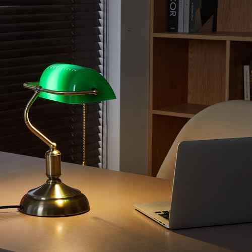 Bankers Lamp, Green Desk Lamp with Pull Chain Switch, 3 Lighting Color Mid Century Banker's Desk Light for Home Office Library Christmas (Green Plastic Lampshade)