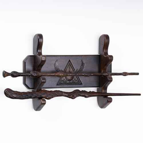 Handicraftviet Wand Display Stand Wall Mount, Handmade Carved Wooden Holder Wands 3 Tiered for Collection, Black (3 slot wand stand)