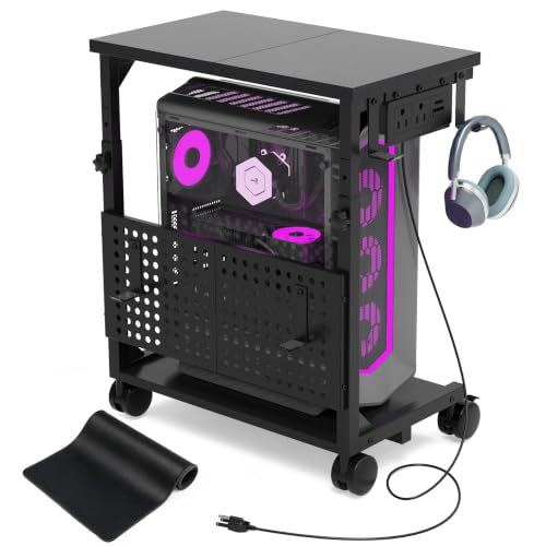 TFK Adjustable Computer Tower Stand with Charging Station & Pegboard - Medium / Black