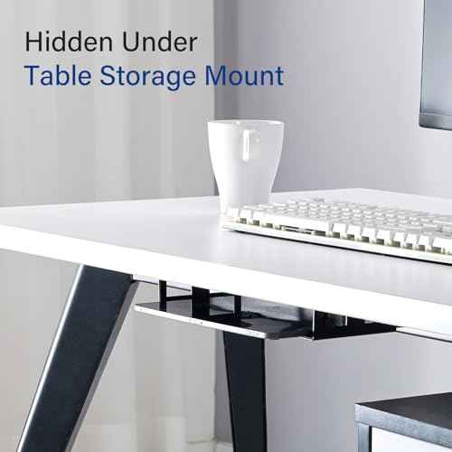 BYMECOST Under Desk Laptop Storage Mount, Metal Under Desk Device Holder, for Devices Up to 1.37" Thick, MacBook, Mini, Keyboard, Router, with Anti-Scratch Silicone (Black)