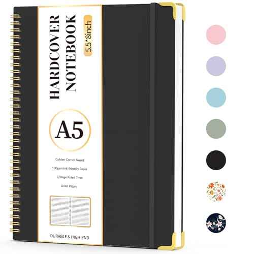 A5 Spiral Notebook Journal for Women & Men, Hardcover Large Notebooks for Work with Content Pages, 100 GSM Paper, College Ruled Journals for Work School Note Taking Writing-Black, Black
